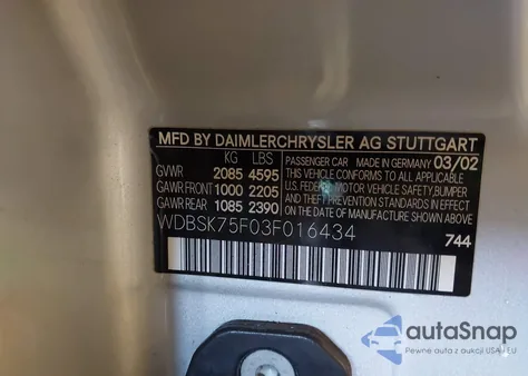 2003 Mercedes-Benz Sl 500 from USA, damaged, VIN WDBSK75F03F016434